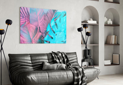 Pink Turquoise Monstera Palms Glass Wall Art