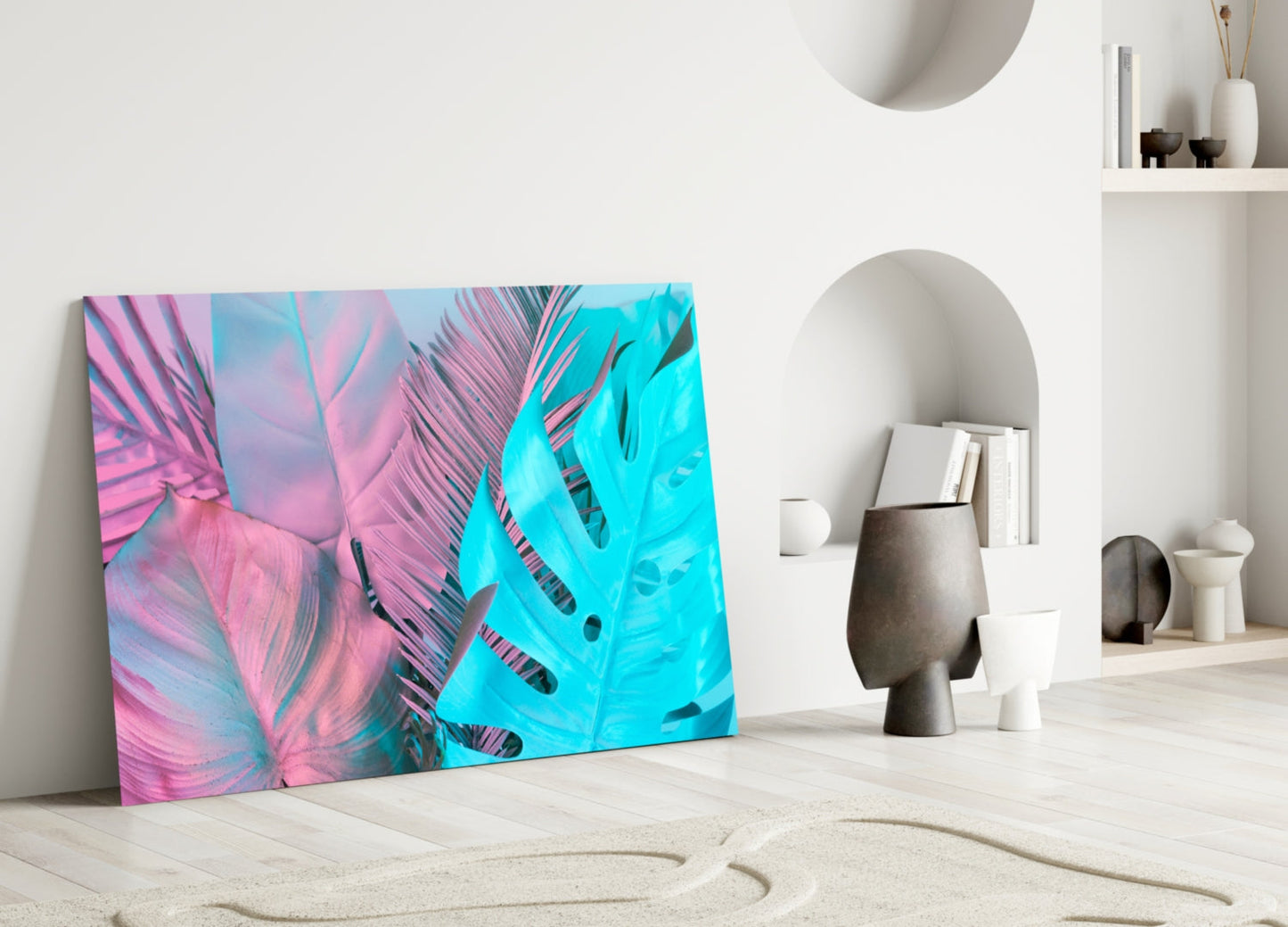Pink Turquoise Monstera Palms Glass Wall Art