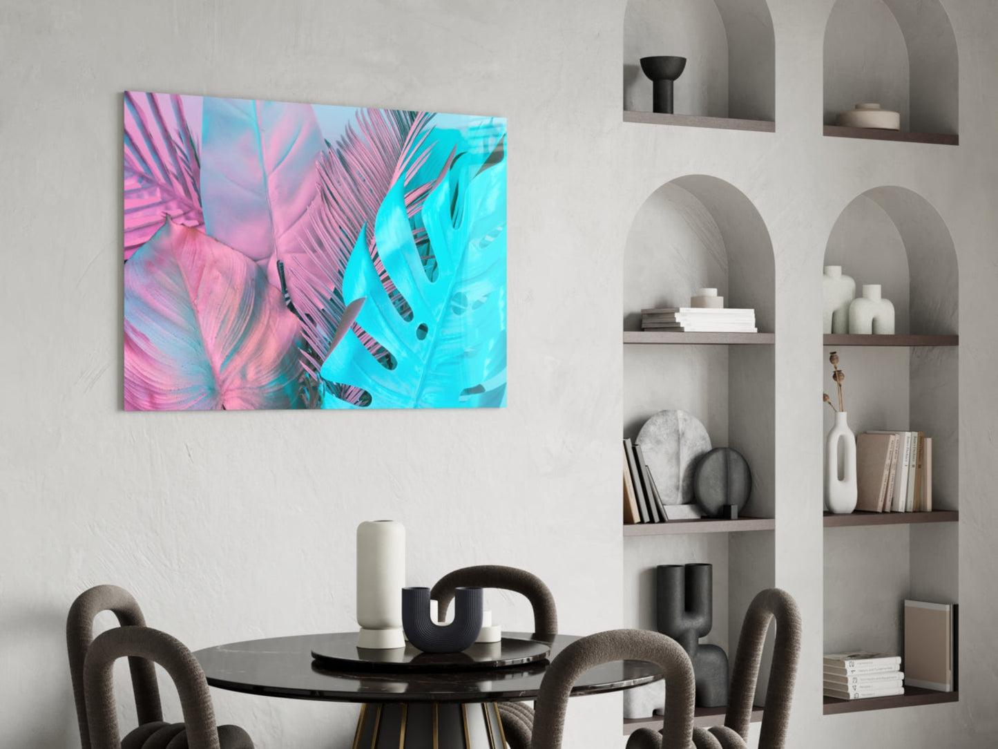 Pink Turquoise Monstera Palms Glass Wall Art