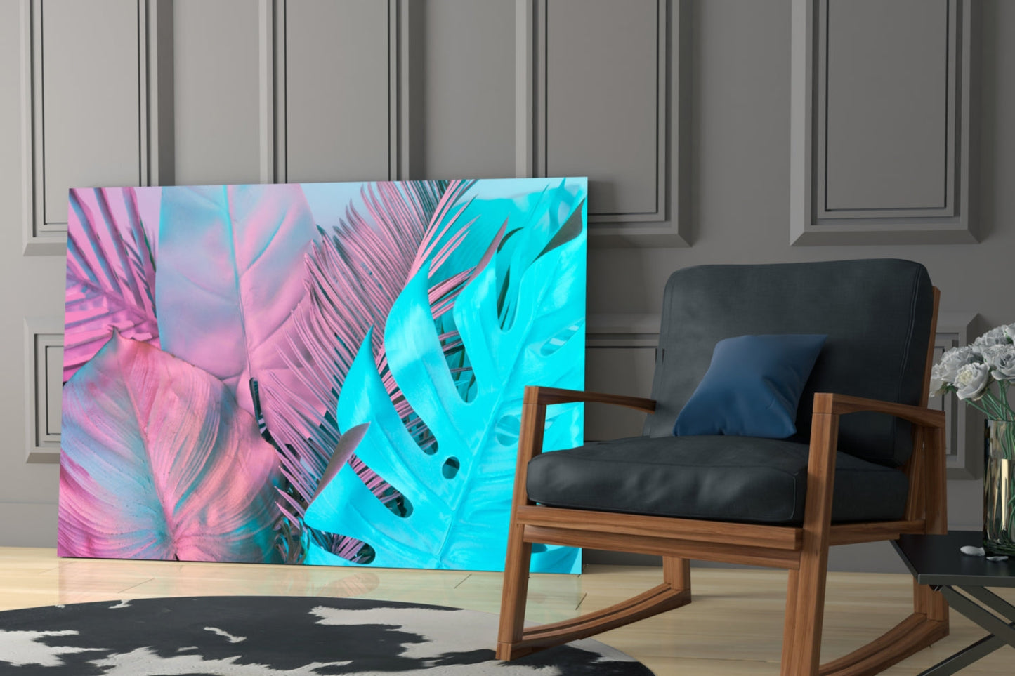 Pink Turquoise Monstera Palms Glass Wall Art