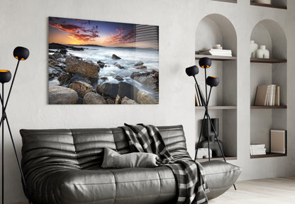 Rocky Shore Silky Waves Sea Landscape Glass Wall Art