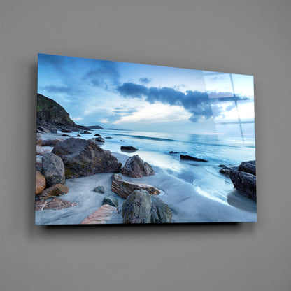 Cool Blue Dusk Beach Sea Landscape Glass Wall Art
