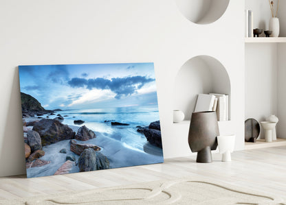 Cool Blue Dusk Beach Sea Landscape Glass Wall Art