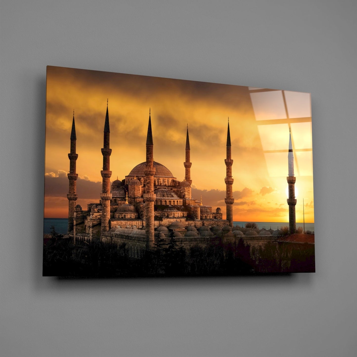 Golden Sunset Minarets Blue Mosque Glass Wall Art