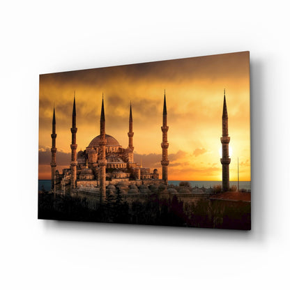 Golden Sunset Minarets Blue Mosque Glass Wall Art