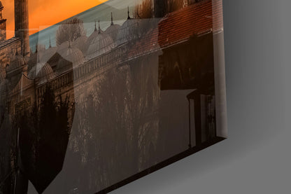Golden Sunset Minarets Blue Mosque Glass Wall Art