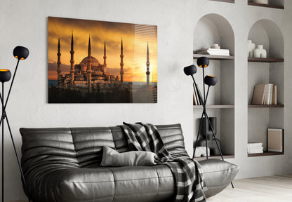 Golden Sunset Minarets Blue Mosque Glass Wall Art
