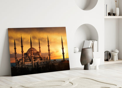Golden Sunset Minarets Blue Mosque Glass Wall Art
