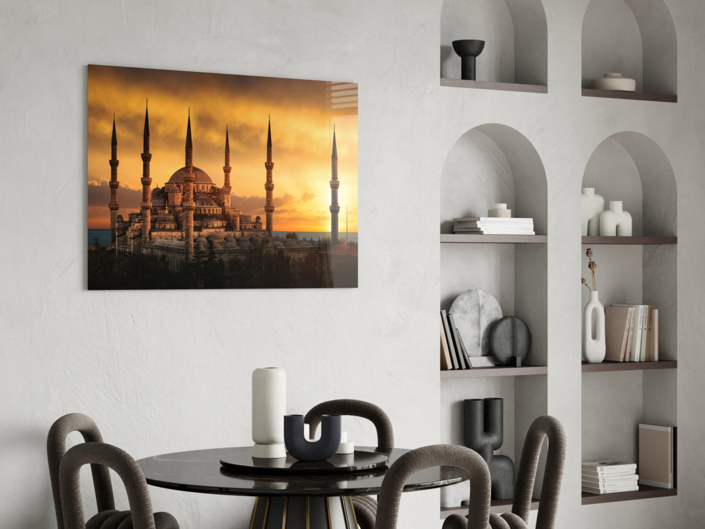 Golden Sunset Minarets Blue Mosque Glass Wall Art
