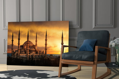 Golden Sunset Minarets Blue Mosque Glass Wall Art