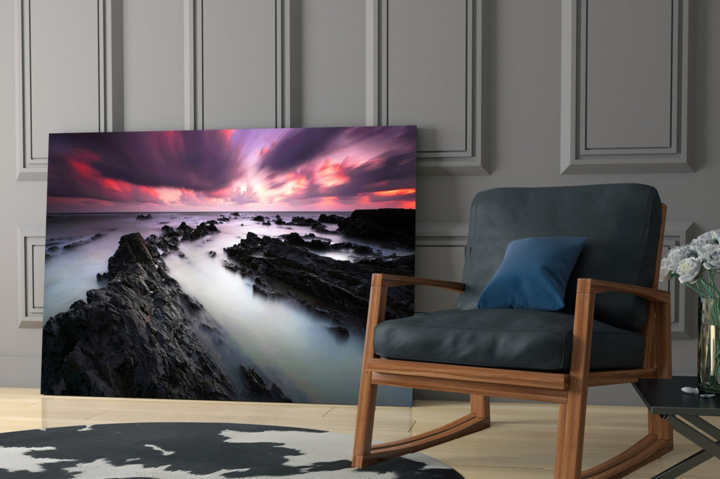 Crimson Sky Over Black Rocks Glass Wall Art
