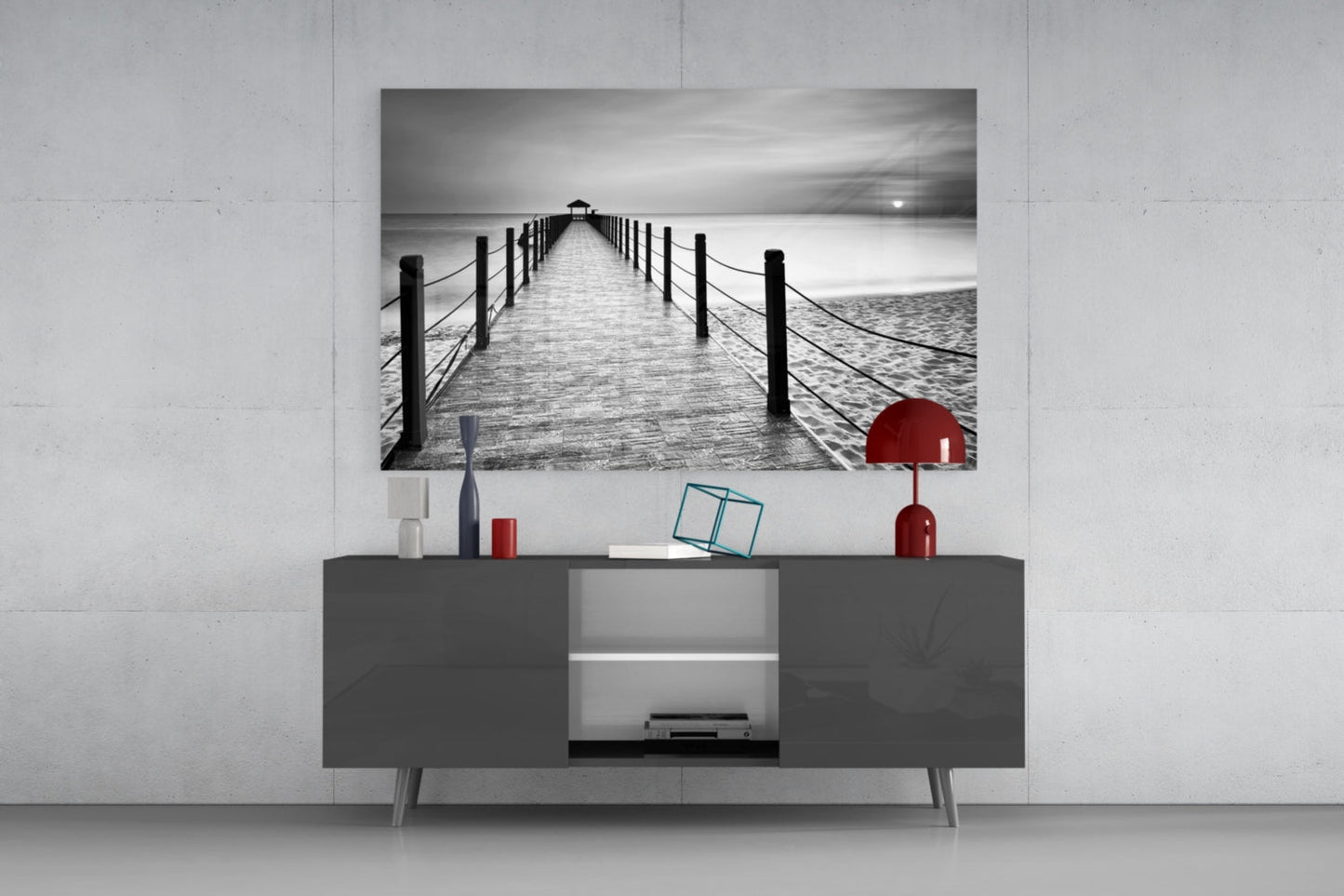 Black White Beach Boardwalk Ropes Glass Wall Art