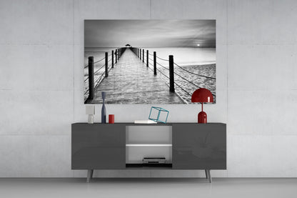 Black White Beach Boardwalk Ropes Glass Wall Art