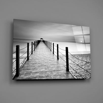 Black White Beach Boardwalk Ropes Glass Wall Art