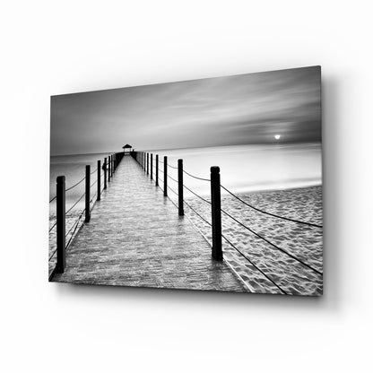 Black White Beach Boardwalk Ropes Glass Wall Art