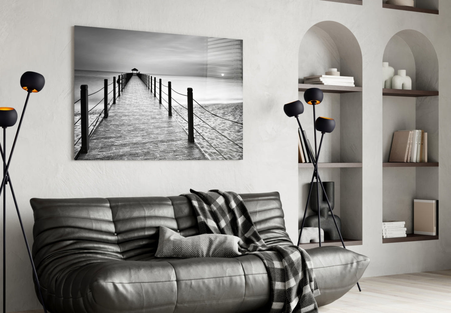 Black White Beach Boardwalk Ropes Glass Wall Art