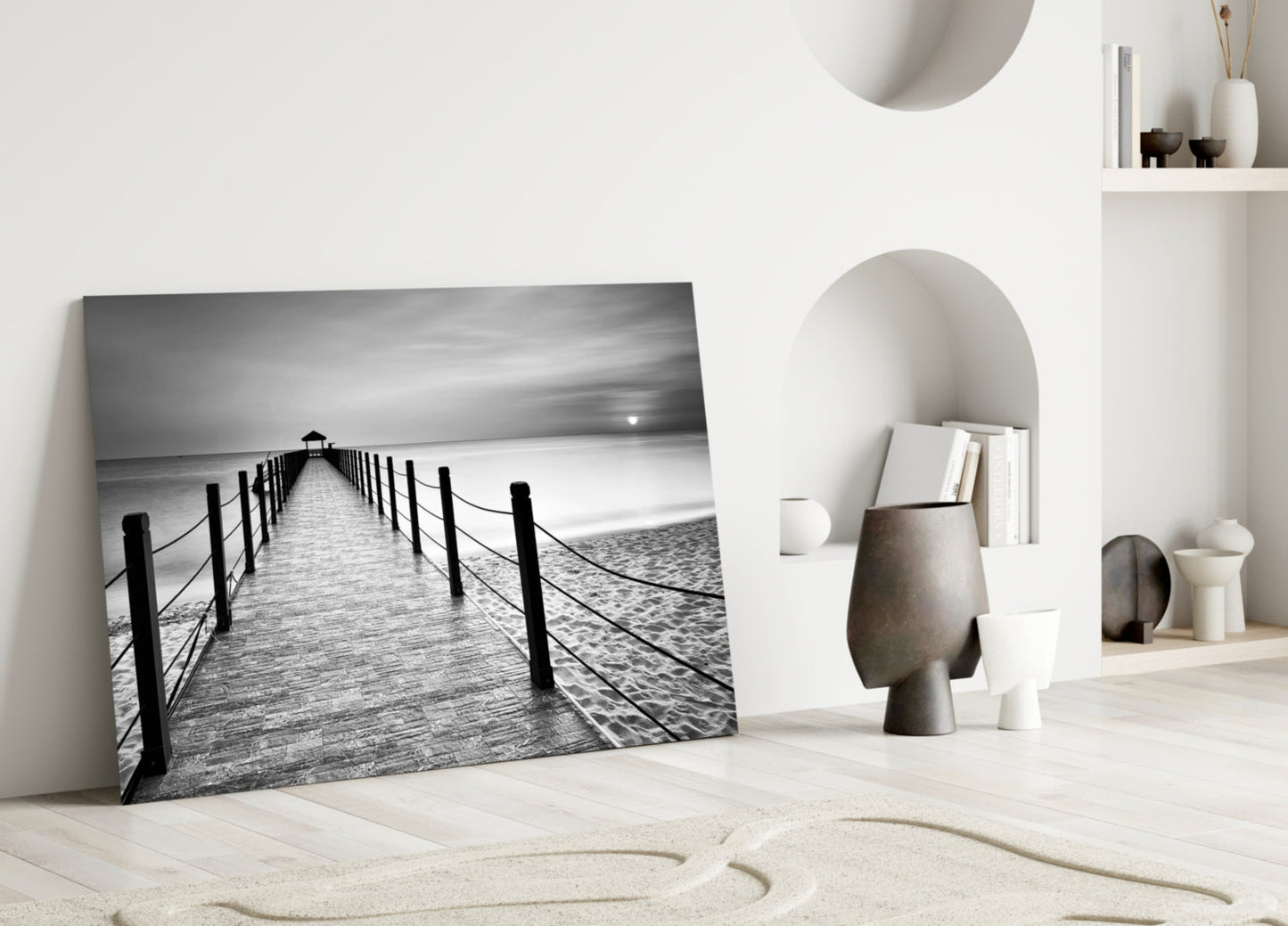 Black White Beach Boardwalk Ropes Glass Wall Art