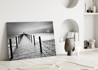 Black White Beach Boardwalk Ropes Glass Wall Art