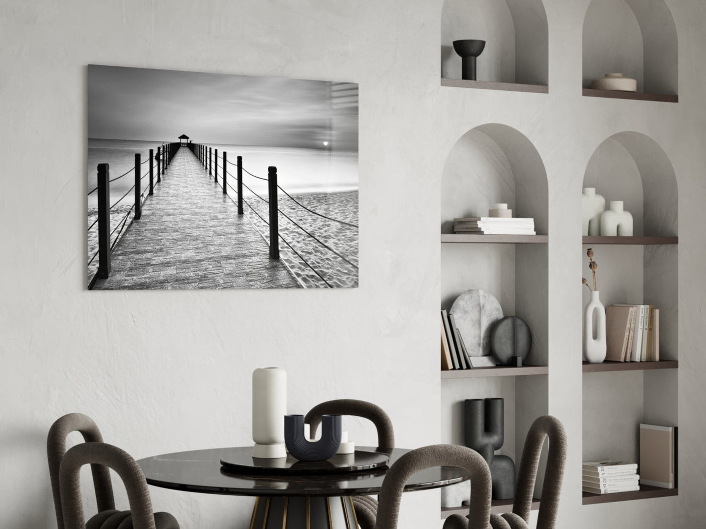 Black White Beach Boardwalk Ropes Glass Wall Art
