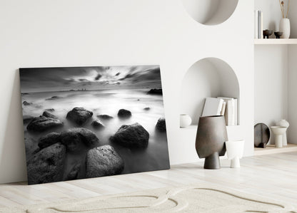 Black And White Misty Sea Boulders Glass Wall Art