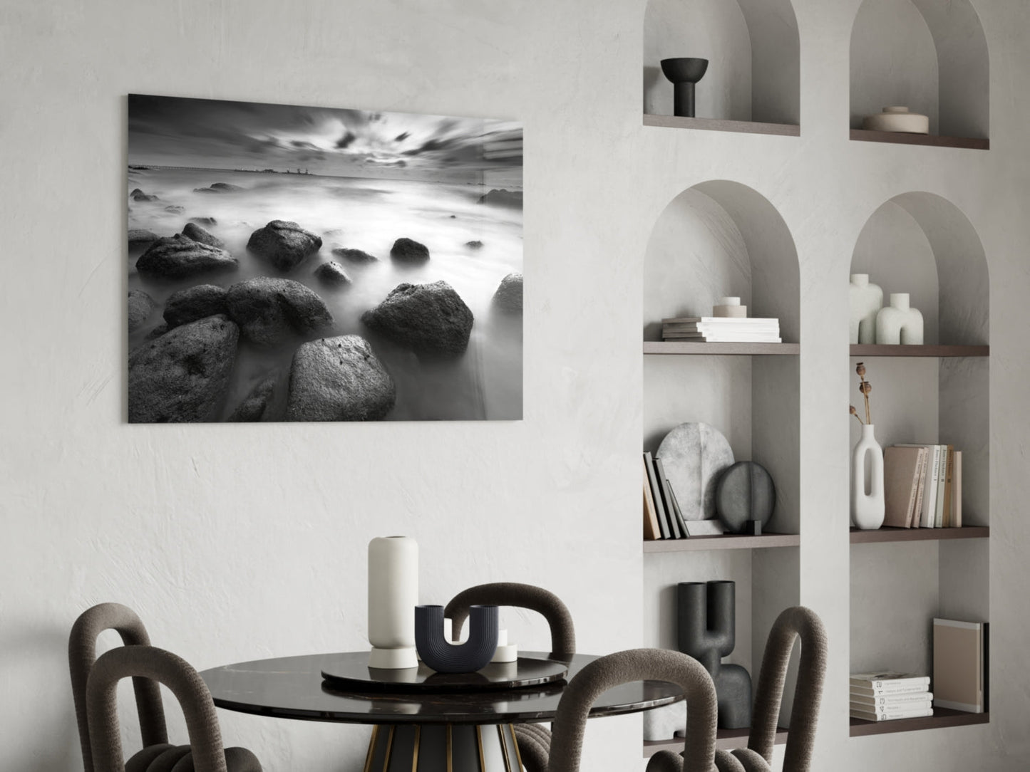 Black And White Misty Sea Boulders Glass Wall Art