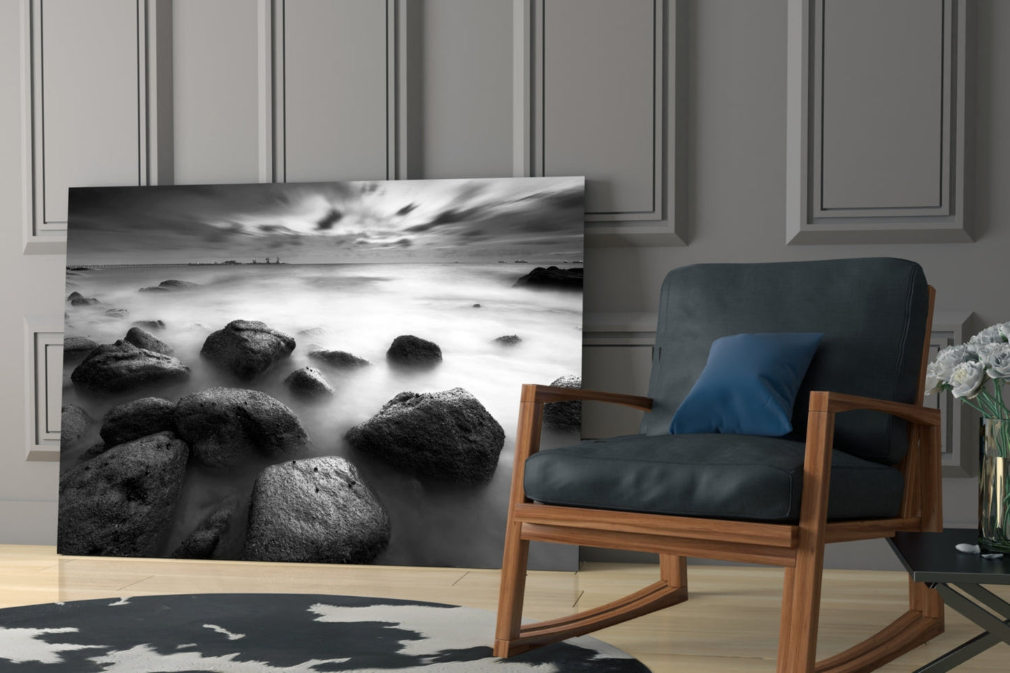 Black And White Misty Sea Boulders Glass Wall Art
