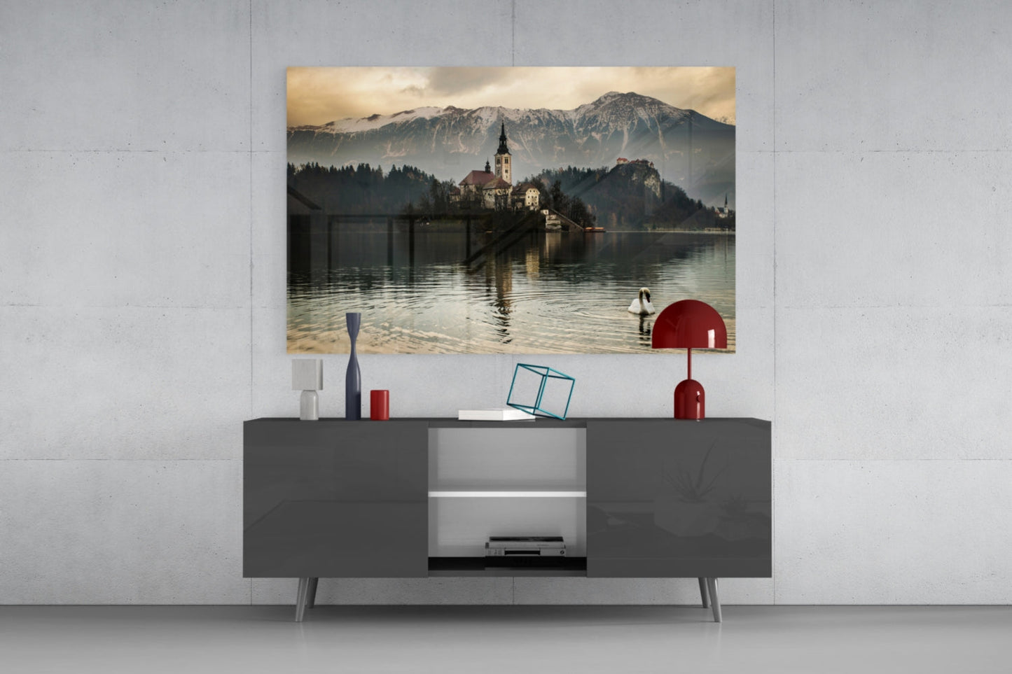 Misty Lake Church Swan Glass Wall Art
