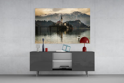 Misty Lake Church Swan Glass Wall Art