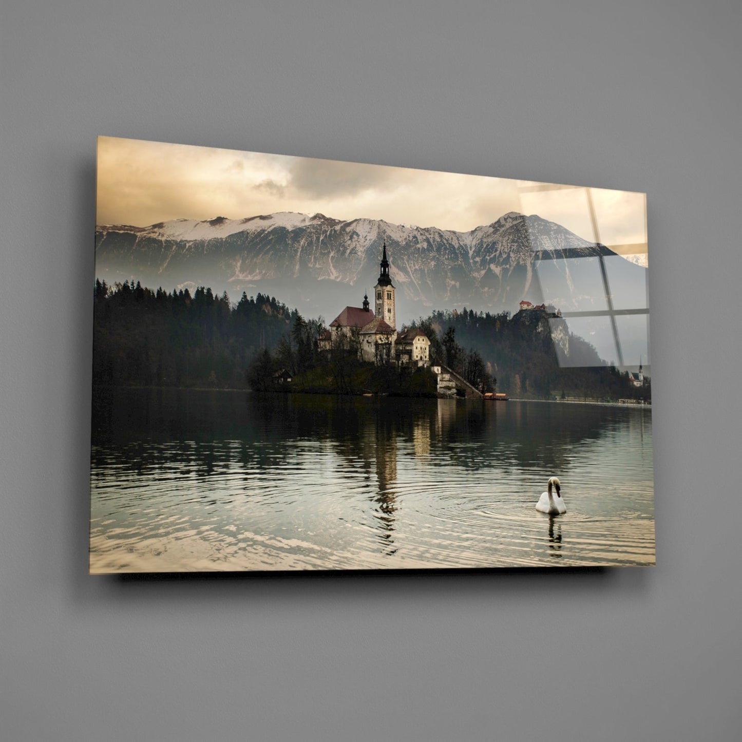 Misty Lake Church Swan Glass Wall Art