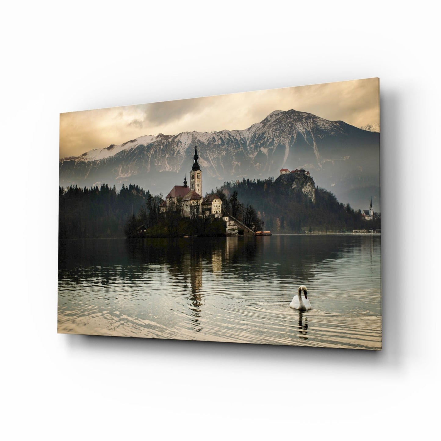 Misty Lake Church Swan Glass Wall Art