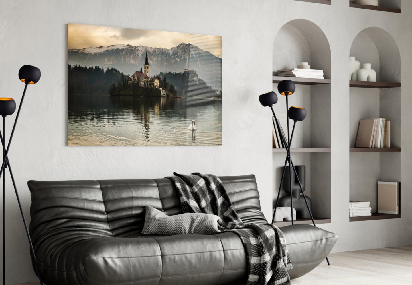 Misty Lake Church Swan Glass Wall Art
