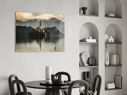 Misty Lake Church Swan Glass Wall Art
