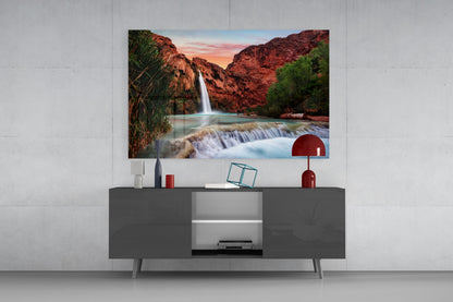 Desert Canyon Falls Sunset Glass Wall Art