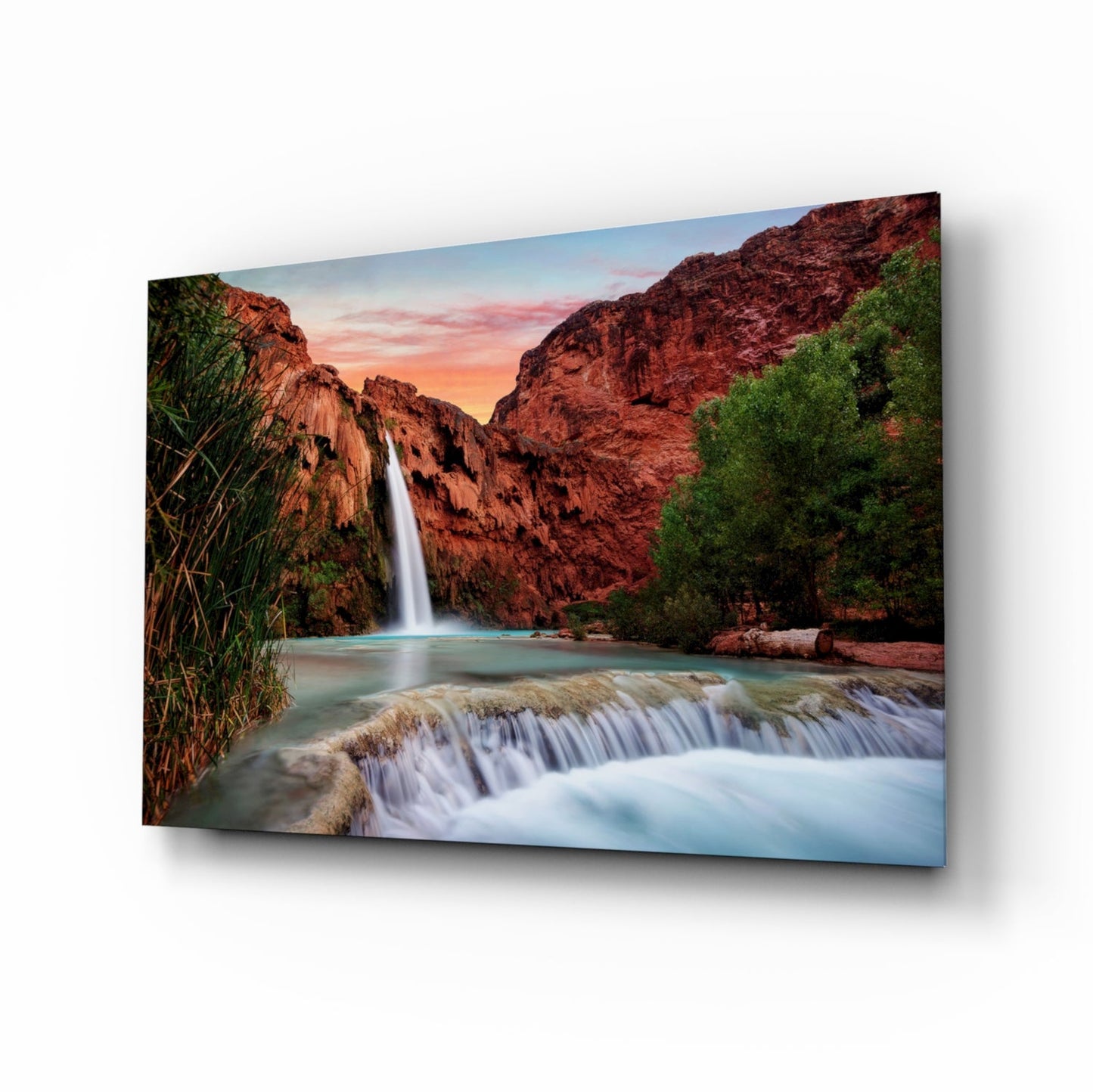 Desert Canyon Falls Sunset Glass Wall Art