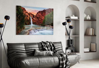 Desert Canyon Falls Sunset Glass Wall Art
