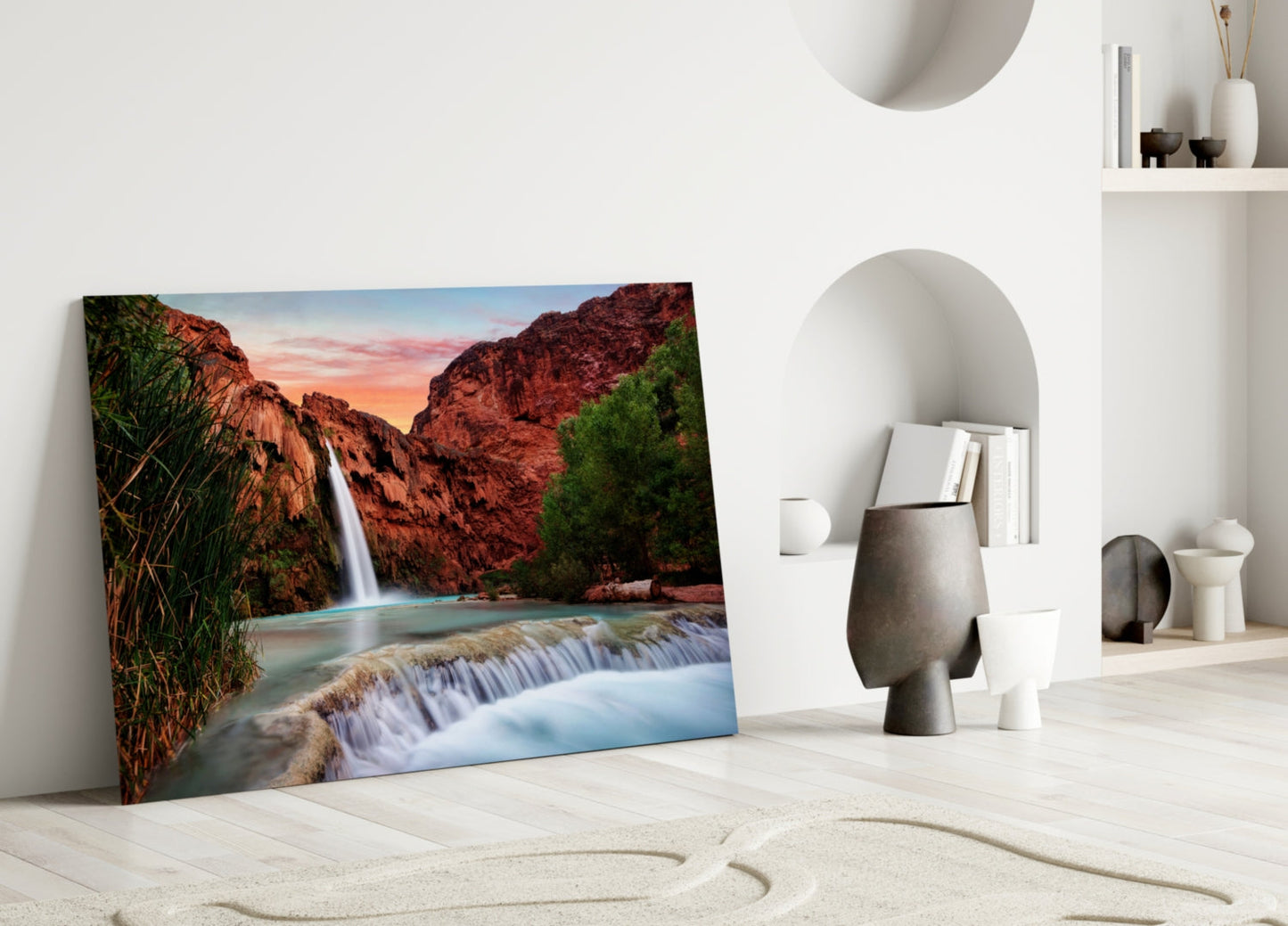 Desert Canyon Falls Sunset Glass Wall Art