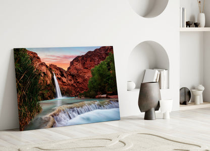 Desert Canyon Falls Sunset Glass Wall Art