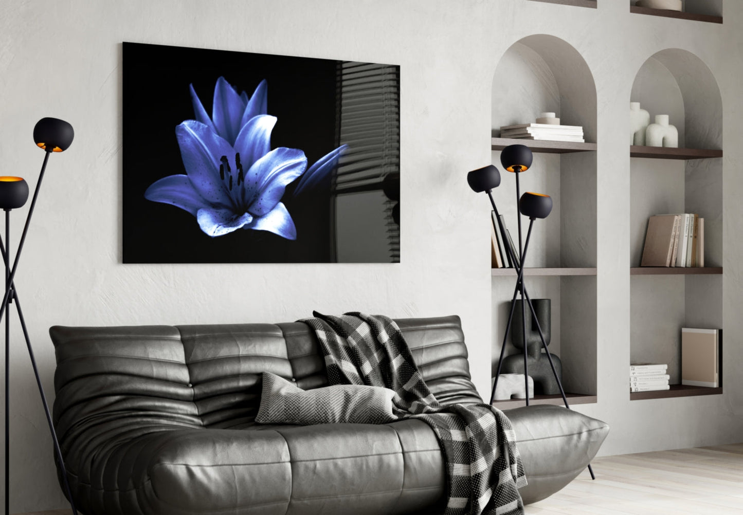 Glowing Blue Lily on Black Glass Wall Art
