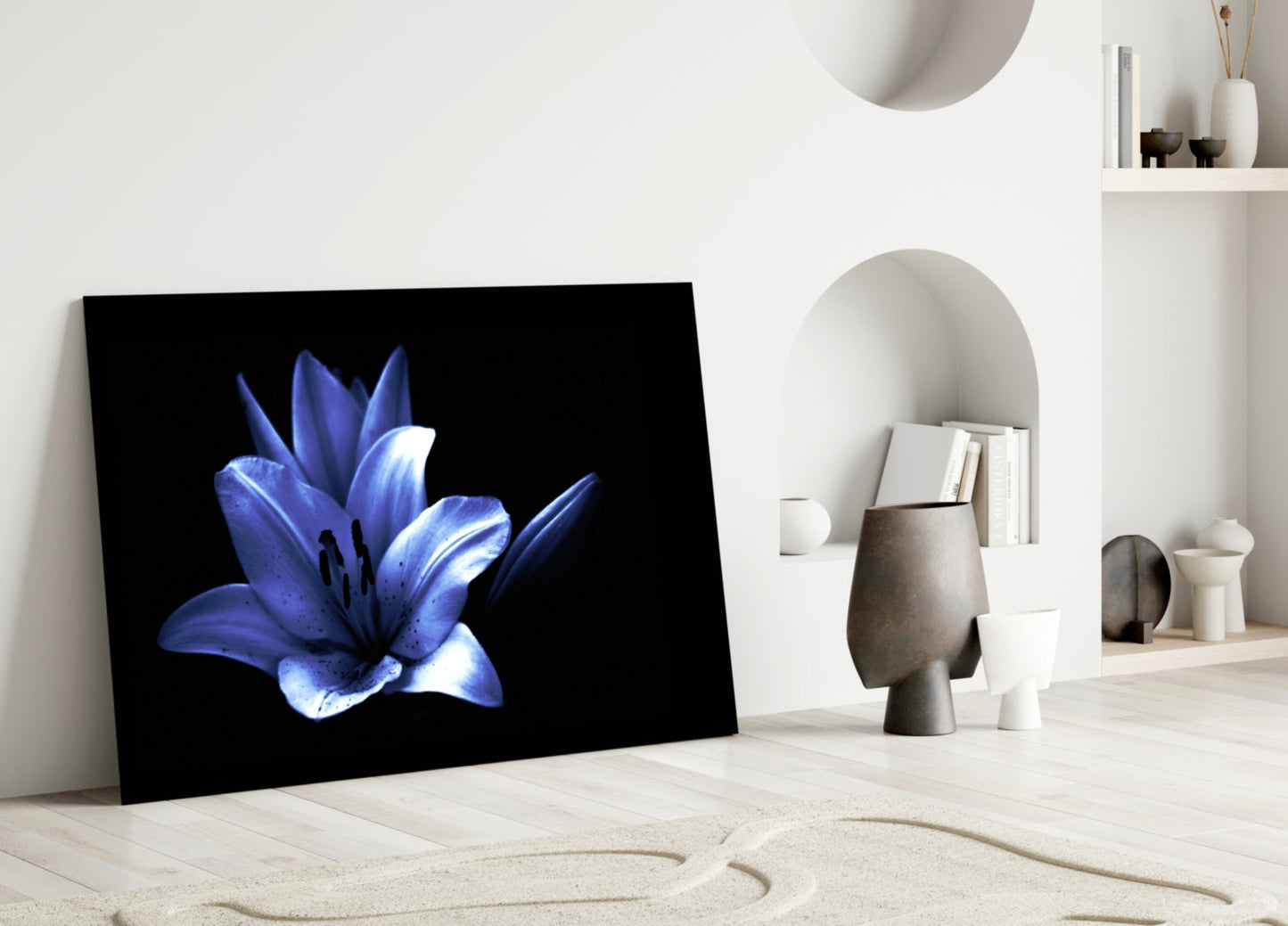 Glowing Blue Lily on Black Glass Wall Art