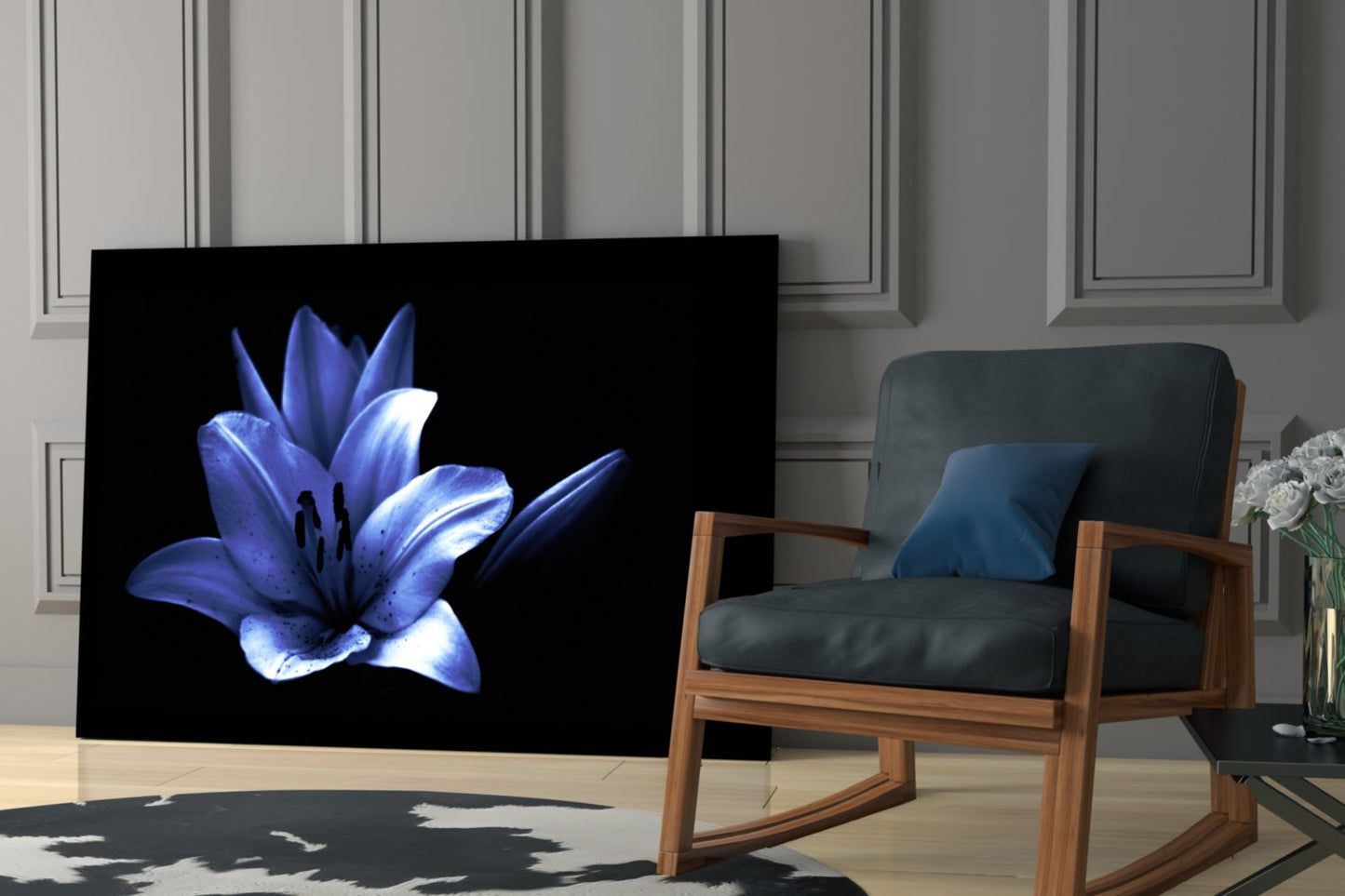 Glowing Blue Lily on Black Glass Wall Art