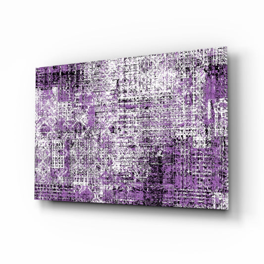 Angled perspective view of purple and white grunge crosshatch glass wall art panel showing textured surface with shadow cast on white background.