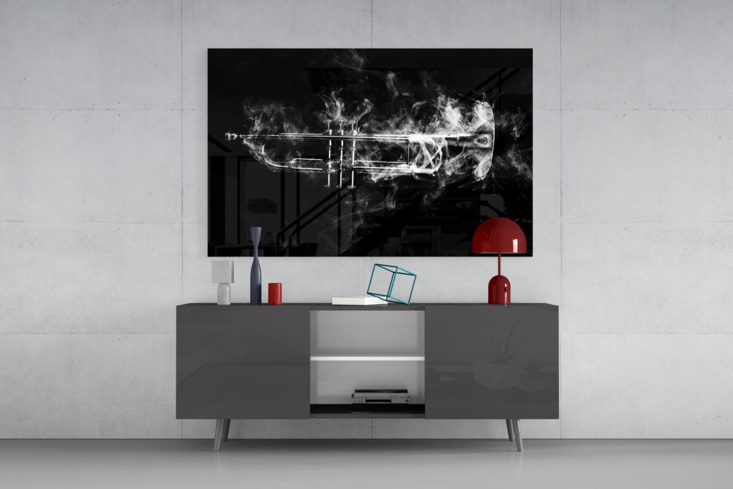 Smoke Trumpet Black and White Glass Wall Art