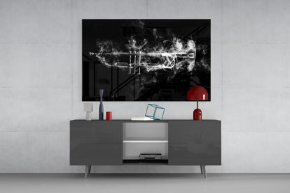 Smoke Trumpet Black and White Glass Wall Art