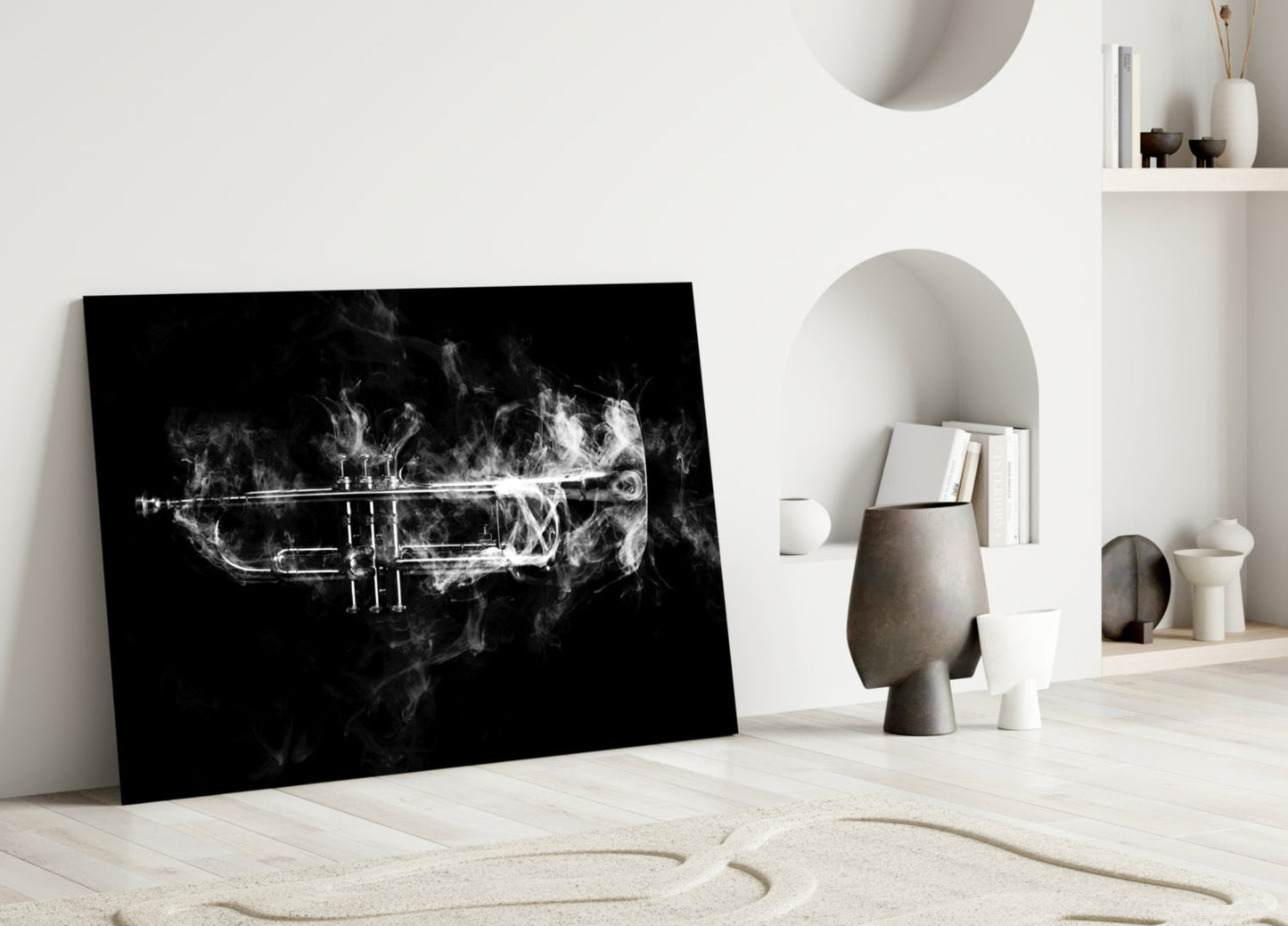Smoke Trumpet Black and White Glass Wall Art