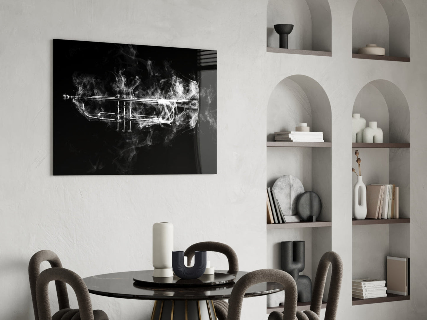 Smoke Trumpet Black and White Glass Wall Art