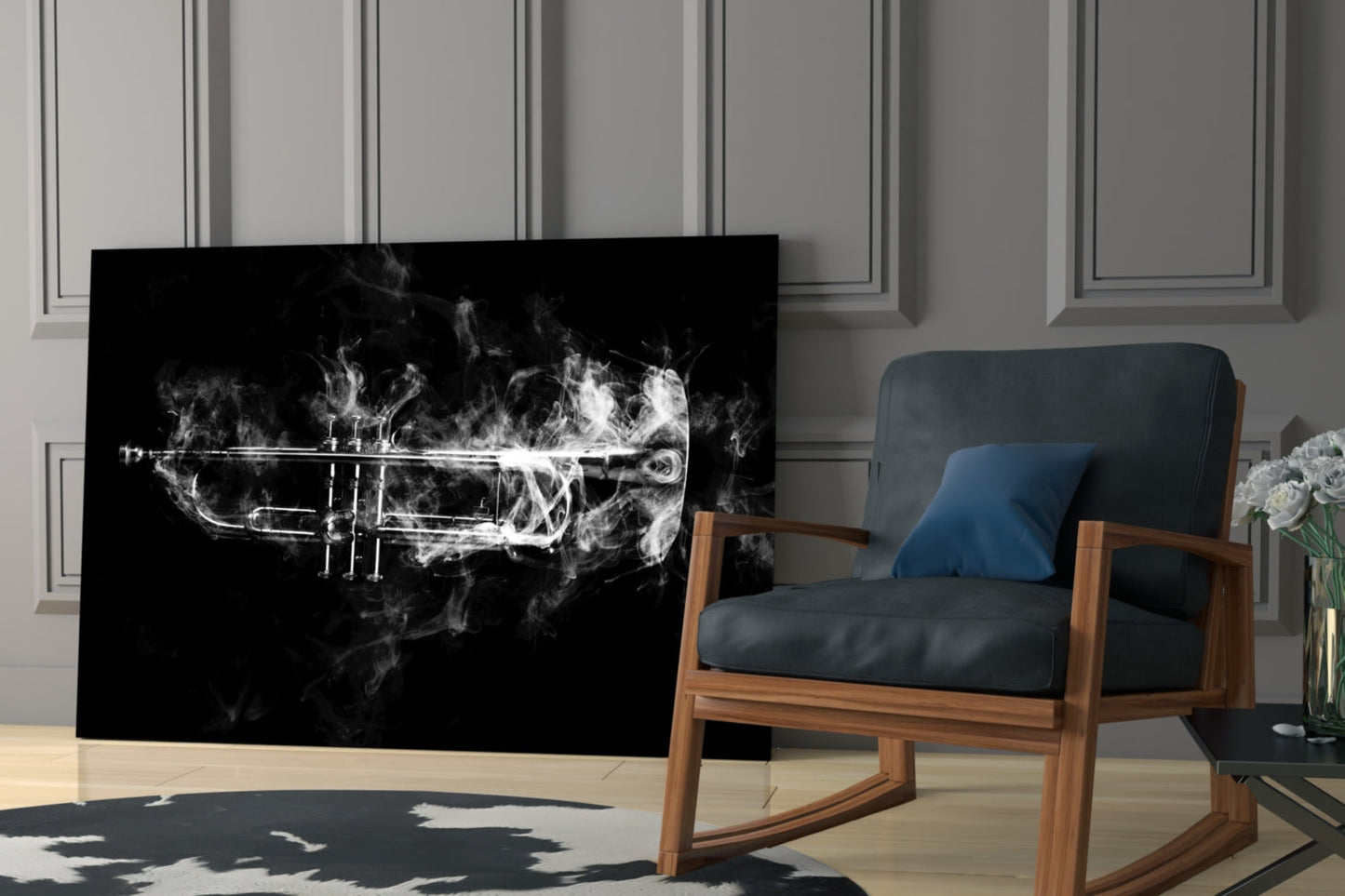 Smoke Trumpet Black and White Glass Wall Art