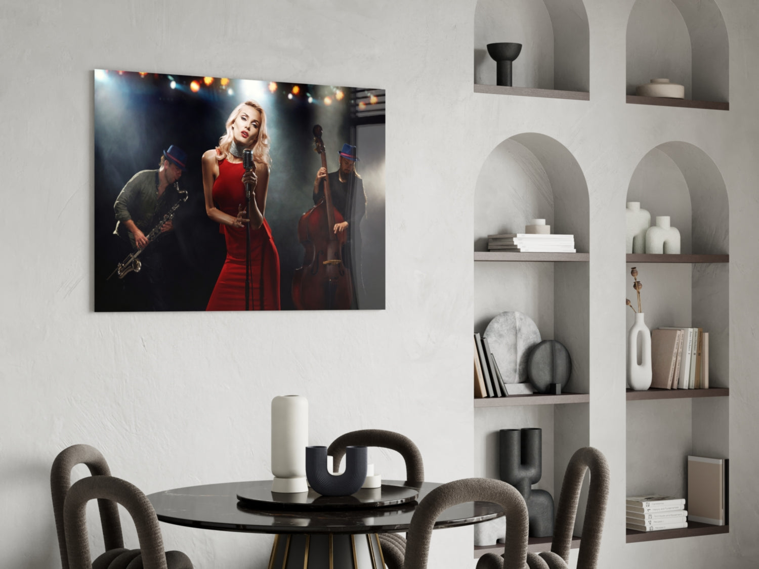 Glass wall art depicting a female jazz singer in a red dress performing with saxophone and bass players against stage lighting.