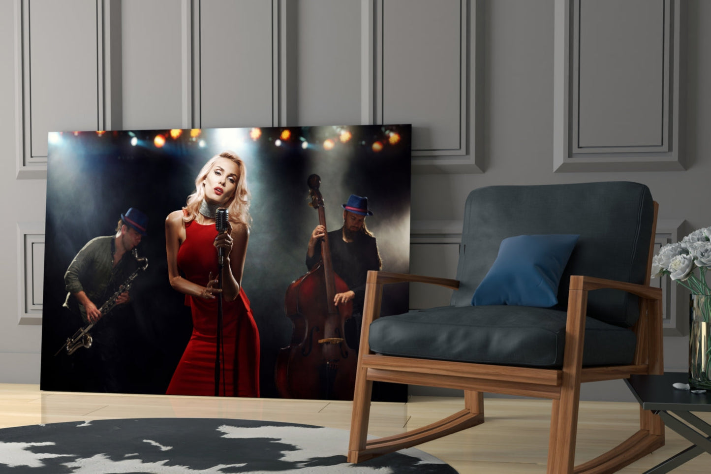Glass wall art depicting a blonde female vocalist in red dress performing with saxophonist and cellist on dark stage backdrop, displayed in modern living room setting.
