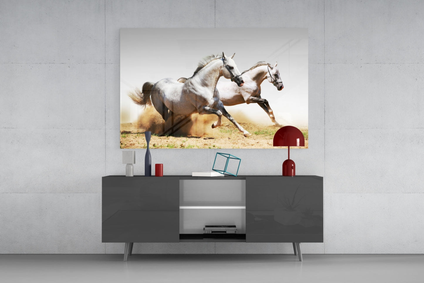 Two White Horses Dust Gallop Glass Wall Art