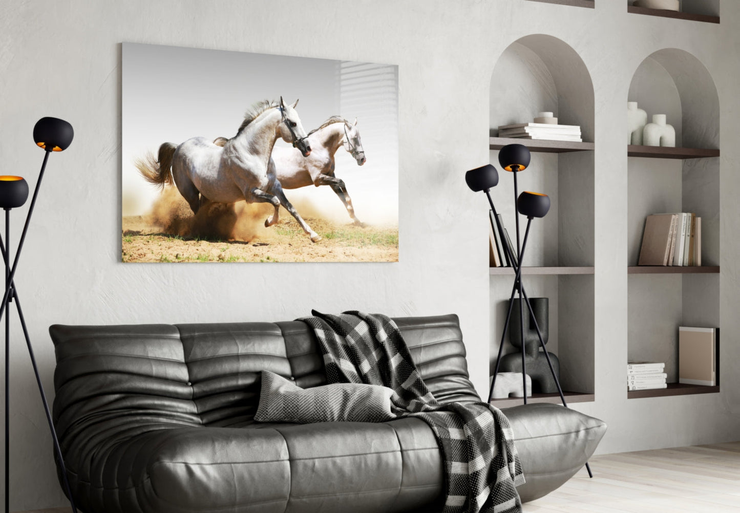 Two White Horses Dust Gallop Glass Wall Art